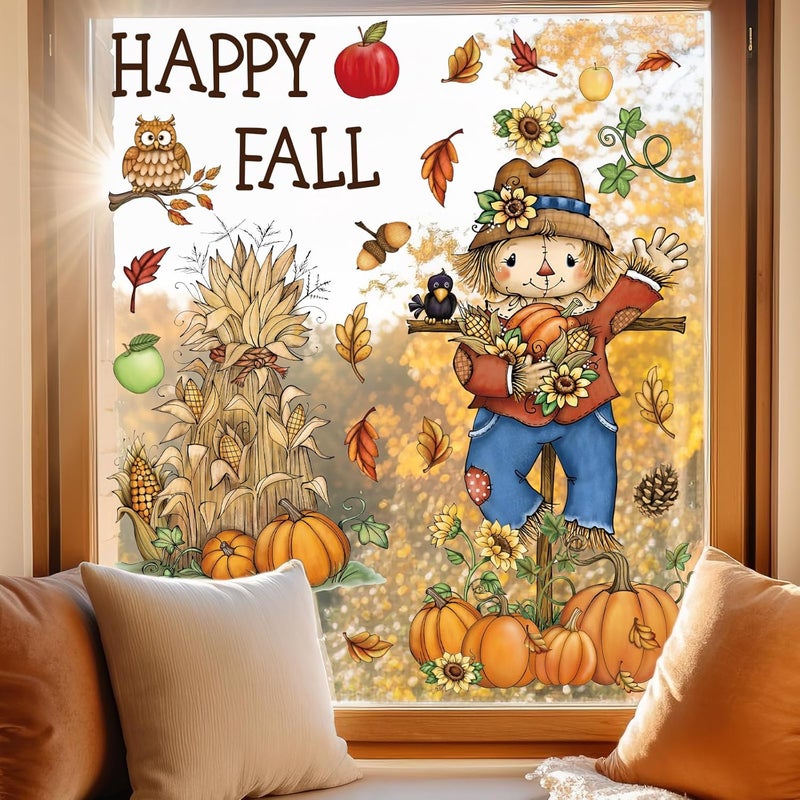 Whaline 6 Sheets Thanksgiving Window Clings Fall Vintage Scarecrow Grain Pile Pumpkin Reusable Window Decals for Autumn Harvest Thanksgiving Party Supplies Home Classroom Office Decor - Image 2